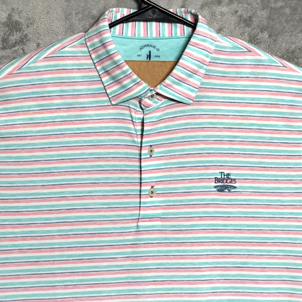 Johnnie-O Polo Shirt Men Large Pink Striped Top Shelf Bridges Coastal Cup Golf